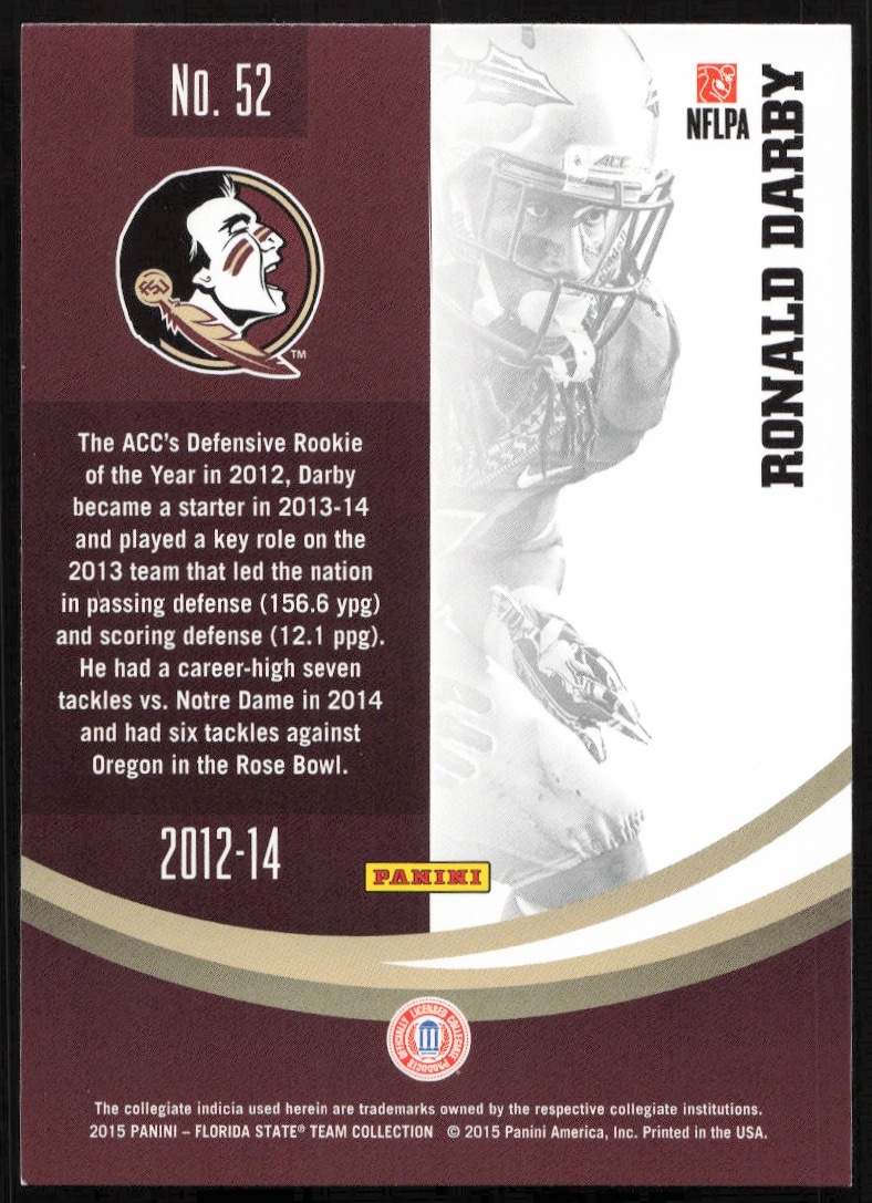 Back of 2015 Panini Florida State Seminoles Ronald Darby card, highlighting career stats.