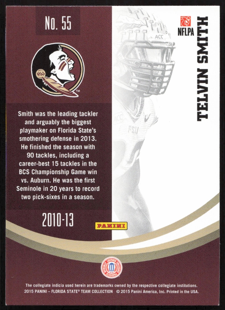 2015 Panini Telvin Smith football card back featuring Florida State highlights and career stats.