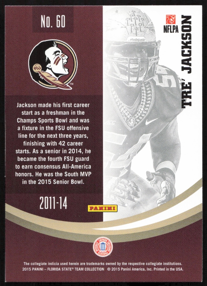 Back of 2015 Panini card for Tre Jackson, Florida State Seminoles offensive guard.