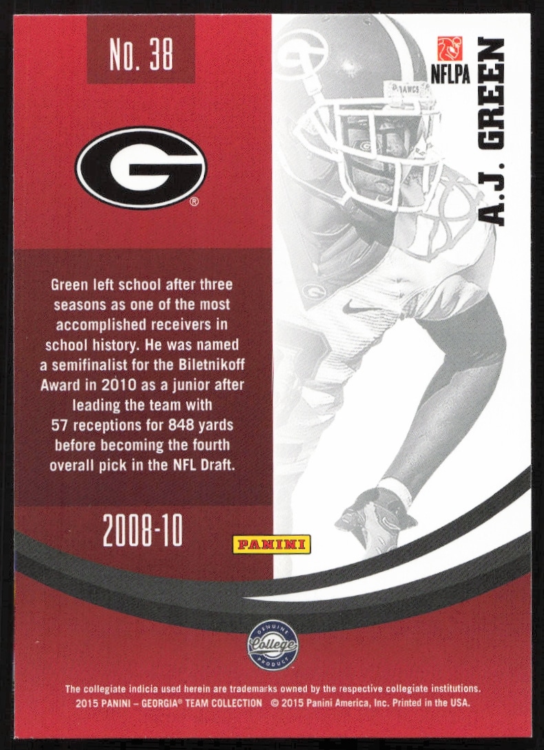 AJ Green 2015 Georgia Bulldogs Card Back with Stats and Bio, Panini #38.