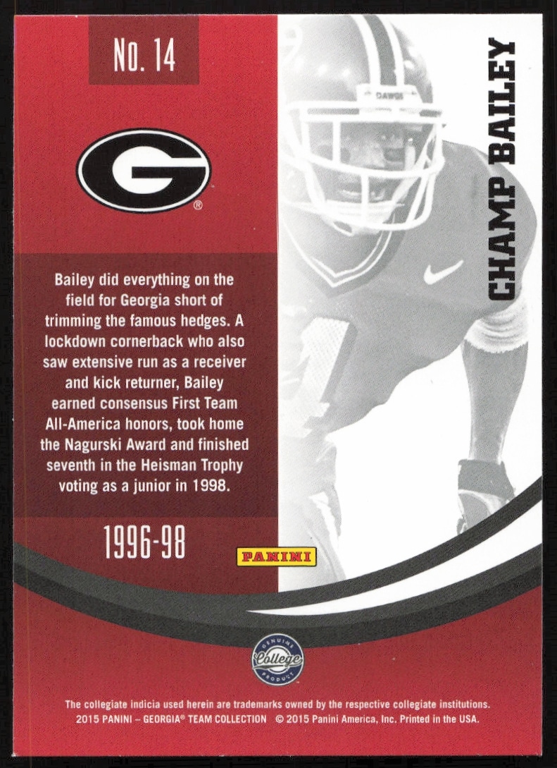 Champ Bailey 2015 Panini Georgia Bulldogs trading card back featuring achievements and team colors.