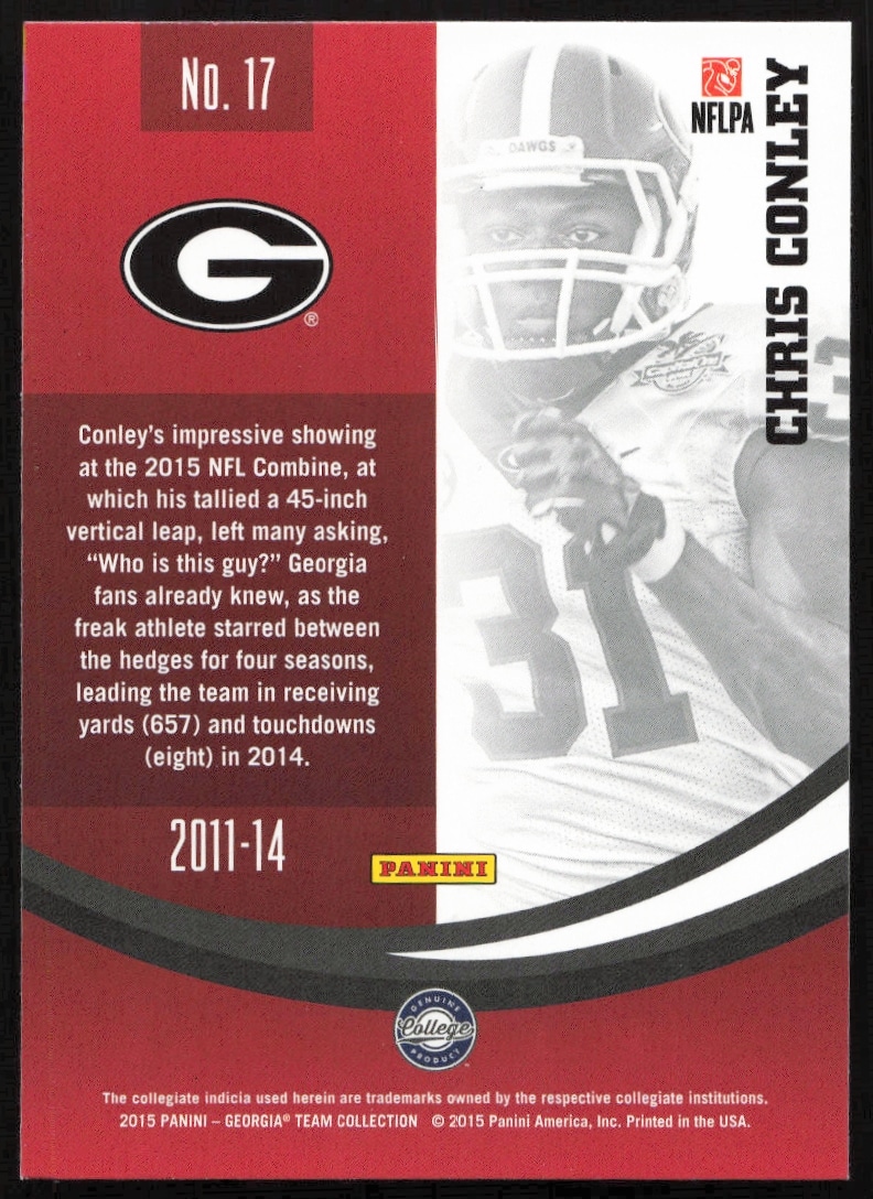 Back of 2015 Panini card featuring Georgia Bulldogs Chris Conley, #17, with college stats.