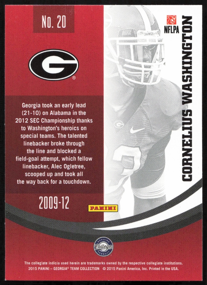 Back of 2015 Panini trading card for Georgia Bulldogs Cornelius Washington, #20.
