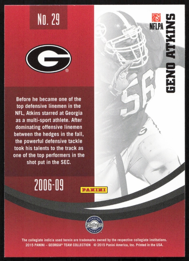 Back of 2015 Panini card, Geno Atkins, Georgia Bulldogs, jersey #29, college career highlights.