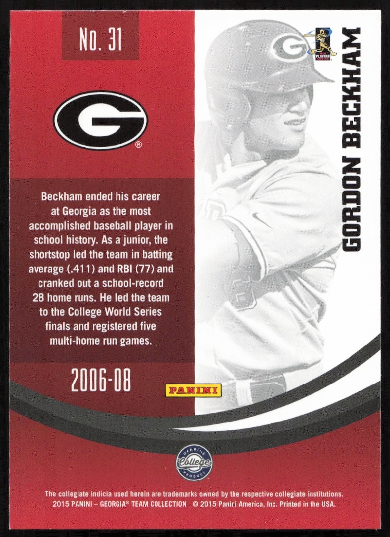 Gordon Beckham 2015 Georgia Bulldogs card back, showcasing collegiate baseball stats and achievements.