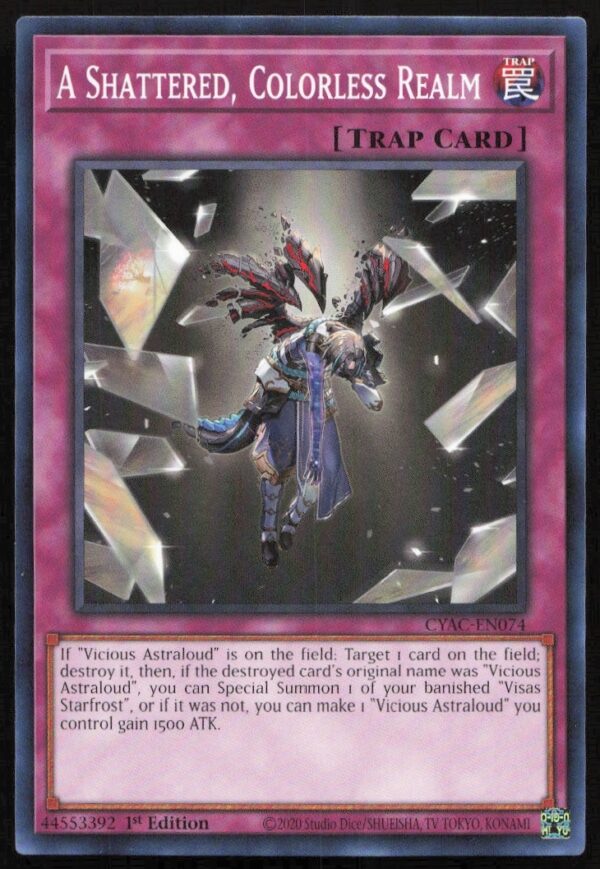 Front view of 2020 Yu-Gi-Oh! Cyberstorm Access card, A Shattered Colorless Realm.