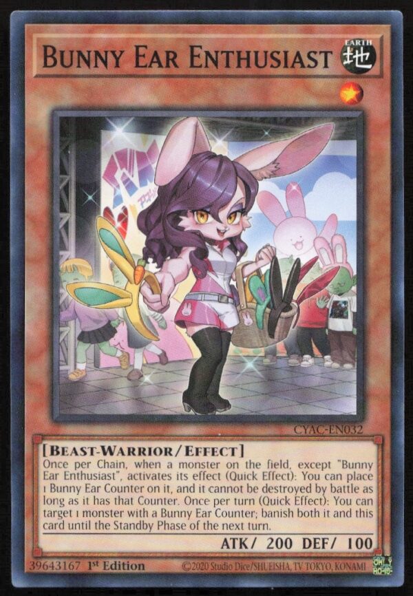 Yu-Gi-Oh! Cyberstorm Access card featuring Bunny Ear Enthusiast character, 1st Edition, #CYAC-EN032.
