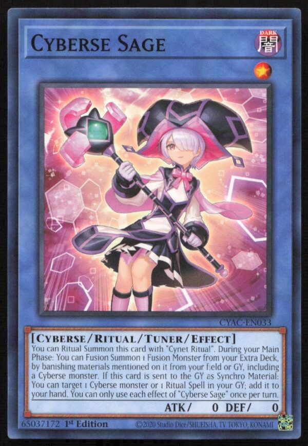 2020 Yu-Gi-Oh! Cyberse Sage card, Cyberstorm Access 1st Edition #CYAC-EN033, front view.