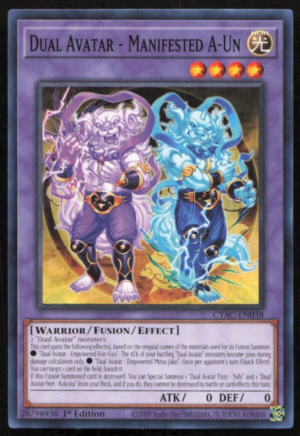 Yu-Gi-Oh! Cyberstorm Access Dual Avatar card featuring Manifested A-Un, ethereal energy, vibrant colors.