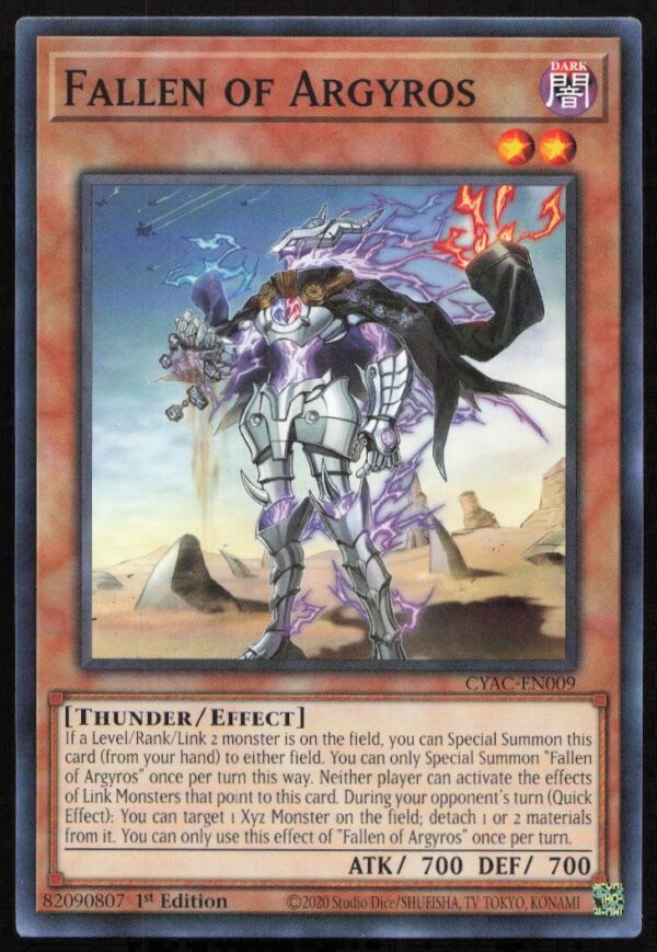 Yu-Gi-Oh! Cyberstorm Access Fallen of Argyros card #CYAC-EN009, detailed artwork, first edition.