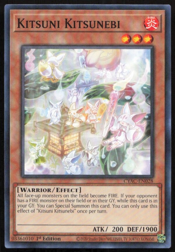 Front of 2020 Yu-Gi-Oh! Cyberstorm Access Kitsuni Kitsunebi trading card, highly collectible.