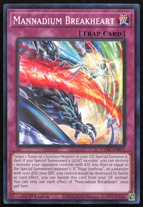 Mannadium Breakheart Yu-Gi-Oh! card, 2020 Cyberstorm Access set, 1st Edition, art and stats.