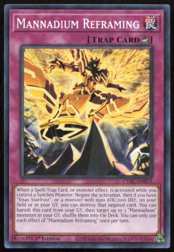 Front view of 2020 Yu-Gi-Oh! Cyberstorm Access Mannadium Reframing card, first edition.