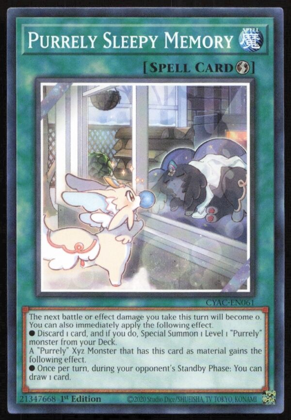 Yu-Gi-Oh! Cyberstorm Access card featuring Purrely Sleepy Memory, whimsical cat-like creature, CYAC-EN061.