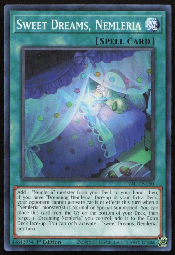 Yu-Gi-Oh! Sweet Dreams Nemileria card, 2020 Cyberstorm Access, first edition, vibrant artwork.