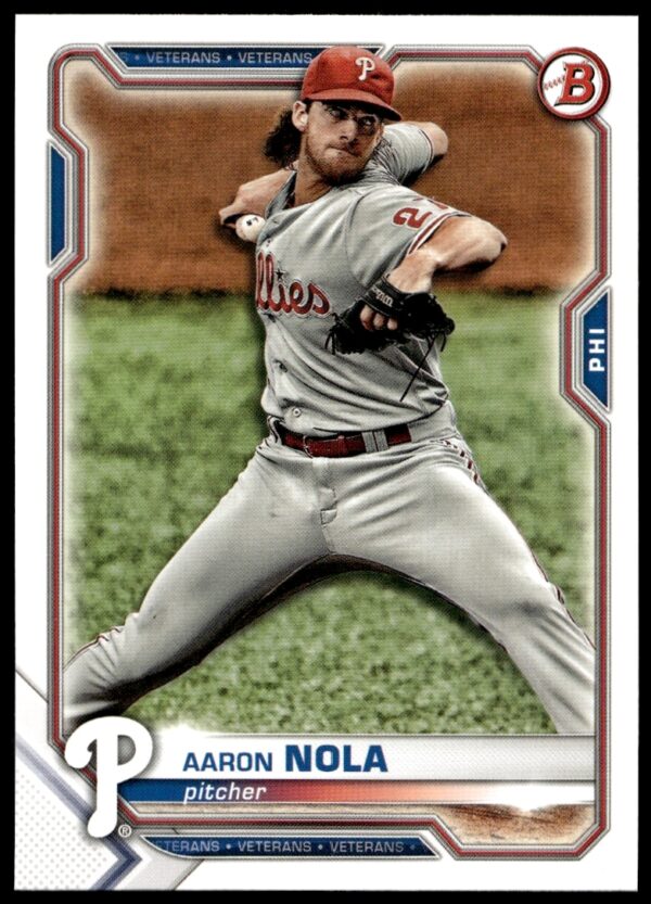 Front view of 2021 Bowman Aaron Nola baseball card, Phillies pitcher in action.