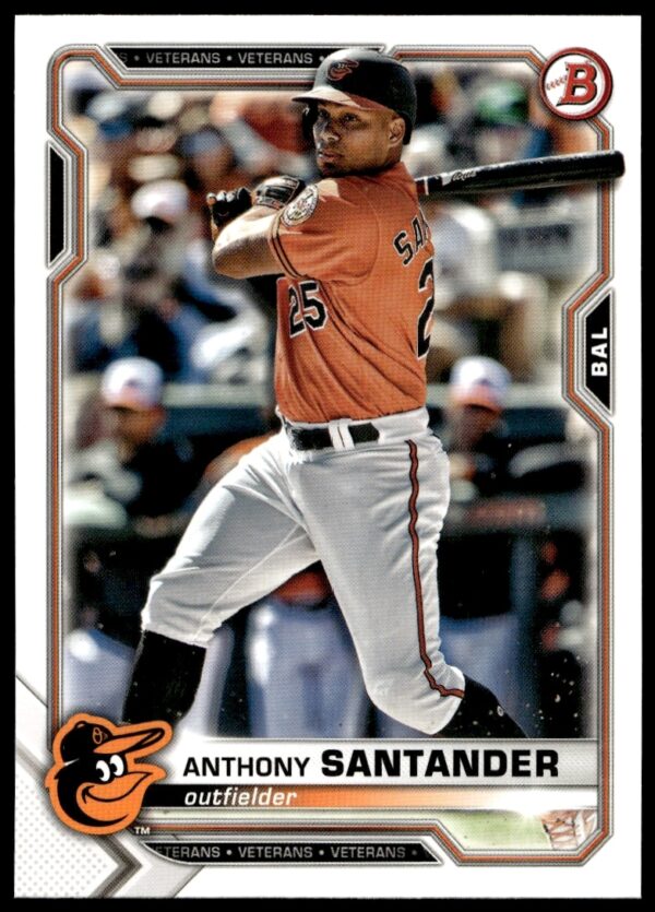 Anthony Santander 2021 Bowman Card #3, Baltimore Orioles, dynamic action pose.