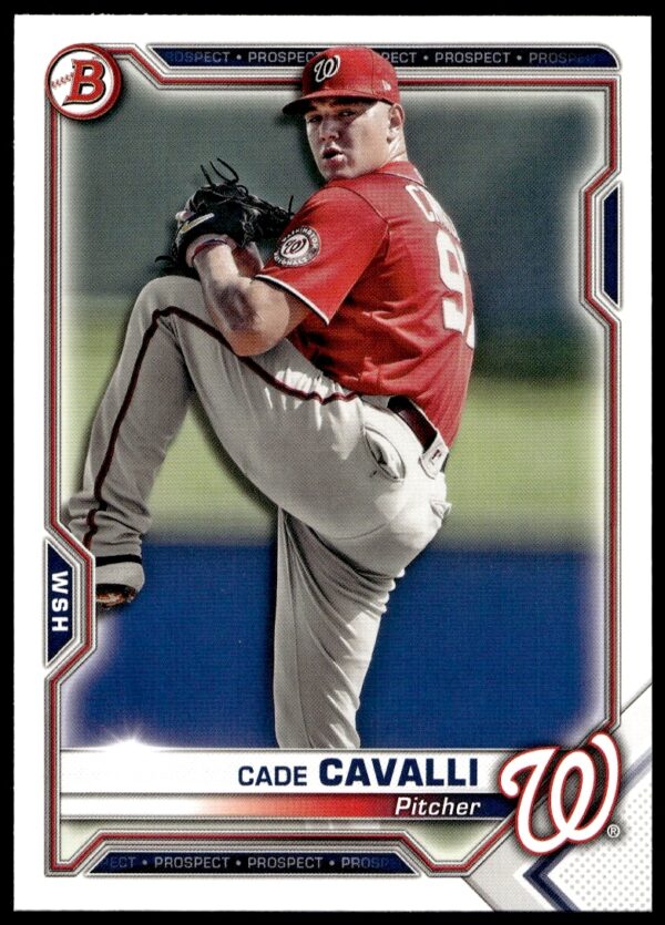 Front view of 2021 Bowman Cade Cavalli Prospects baseball card #BP-99, highlighting his pitching action.