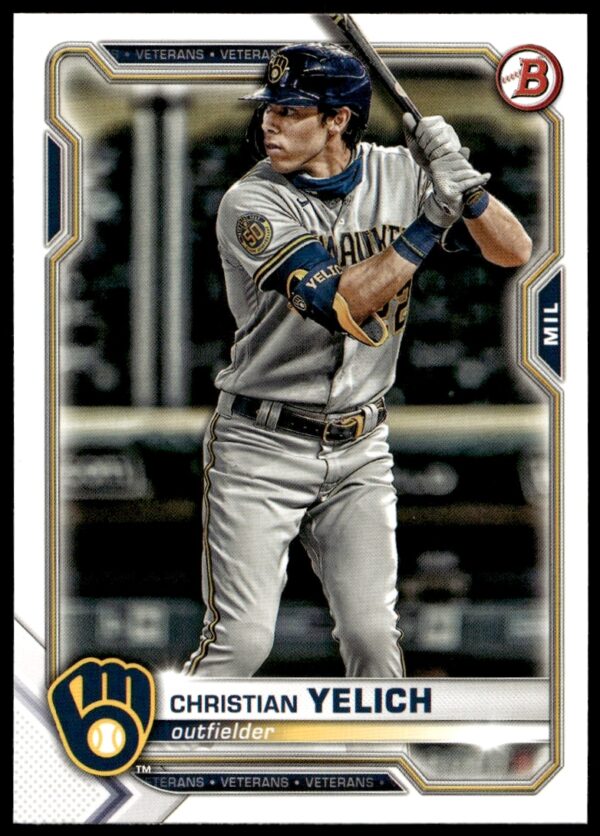Christian Yelich 2021 Bowman card #24, front view, Milwaukee Brewers uniform.