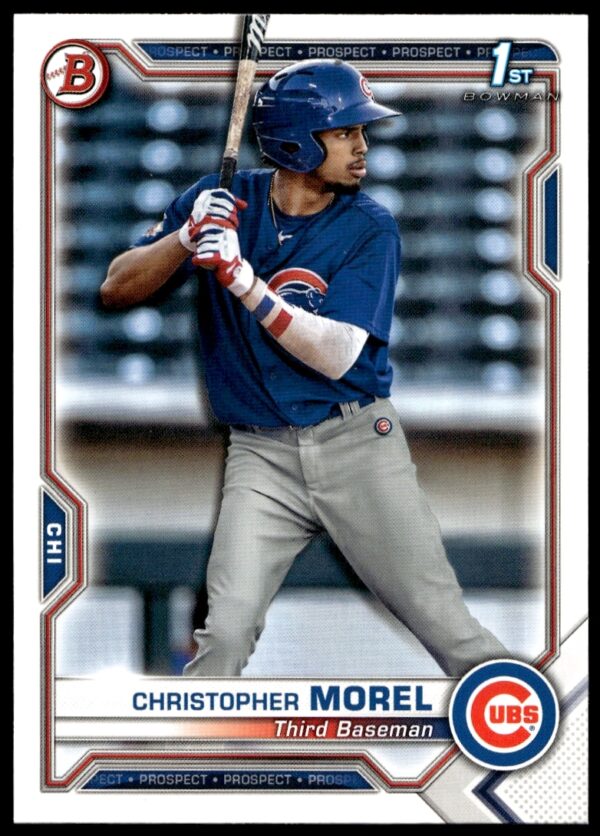 Christopher Morel 2021 Bowman Prospects baseball card #BP-131, featuring an action shot.