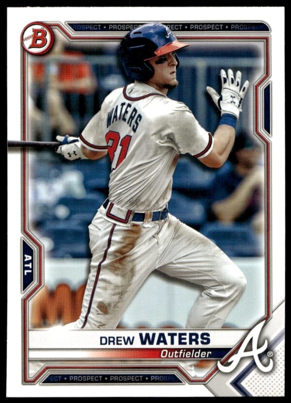 Drew Waters 2021 Bowman Prospects baseball card #BP-81, highlighting his batting stance.