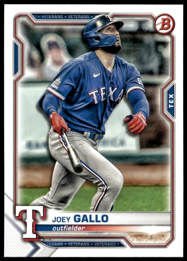 Joey Gallo 2021 Bowman baseball card, Texas Rangers, batting stance, card #32 front view.