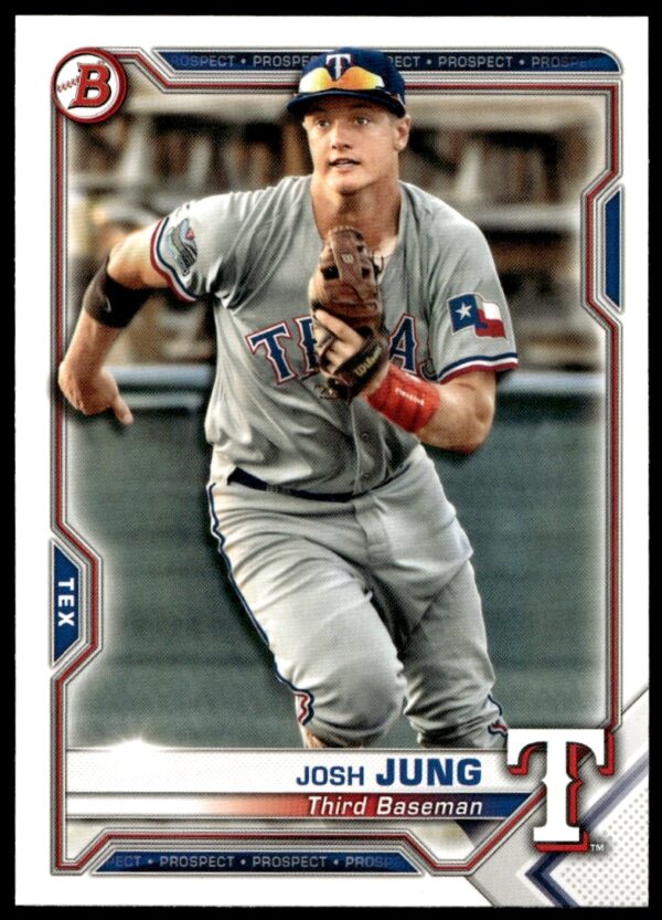 Josh Jung 2021 Bowman Prospects baseball card #BP-38 displaying player in team uniform.