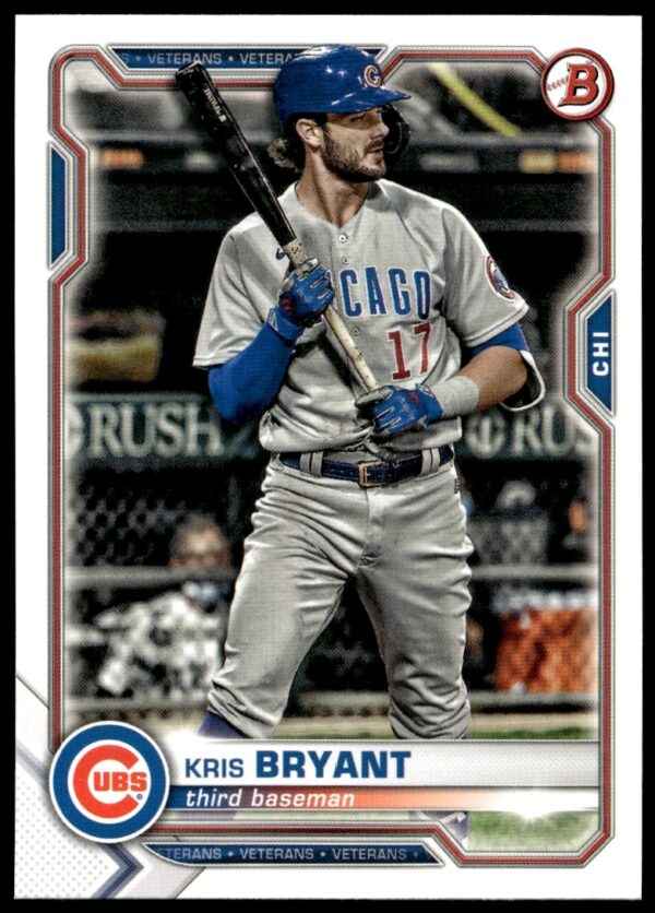 Kris Bryant 2021 Bowman #58 card, Chicago Cubs uniform, front view.