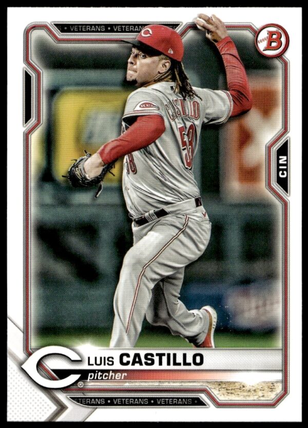 Luis Castillo pitching on 2021 Bowman MLB card #55 front.