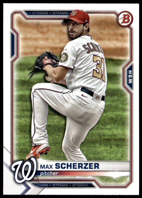 Max Scherzer pitching on 2021 Bowman Baseball Card #39, Front.