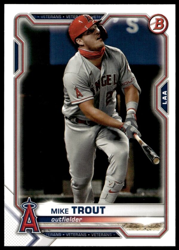 Mike Trout 2021 Bowman card front, Los Angeles Angels, batting stance, #17.