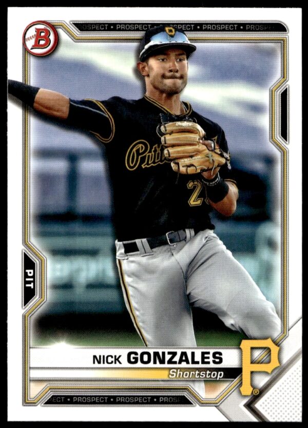 Nick Gonzales 2021 Bowman Prospects Card #BP-34, showcasing his athletic stance on-field.
