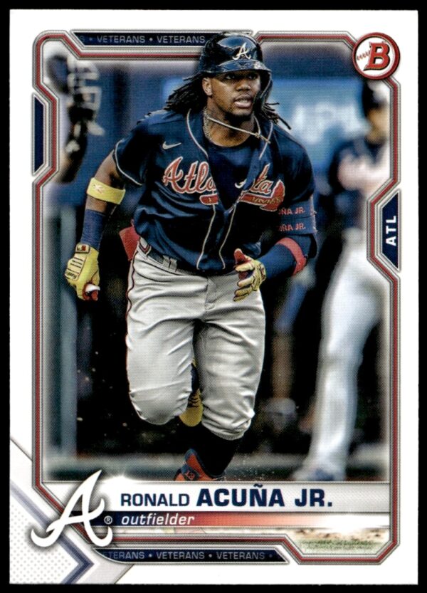Ronald Acuña Jr. 2021 Bowman Card #62 showcases Atlanta Braves star in dynamic batting stance.