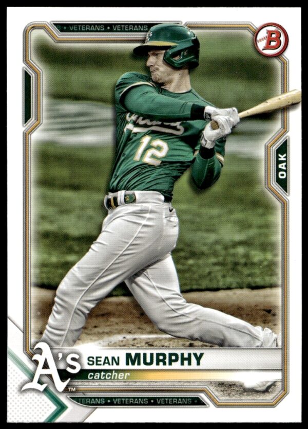 Sean Murphy 2021 Bowman baseball card #76, showcasing Oakland Athletics catcher in action.