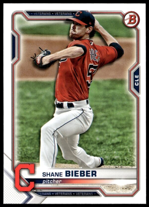 Front of 2021 Bowman Shane Bieber #28 card, showcasing him pitching for Cleveland.
