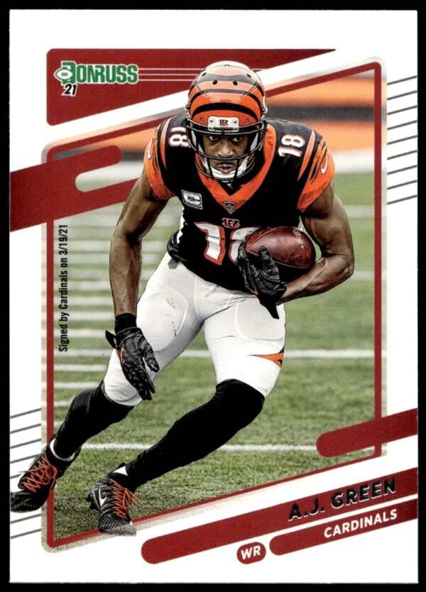 2021 Donruss A.J. Green Football Card #214, showcasing action shot and vibrant design.