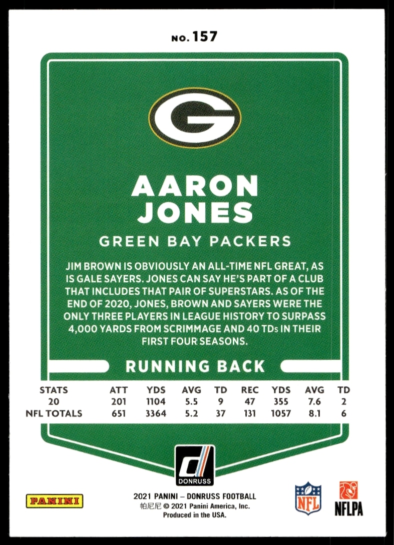 Back of 2021 Donruss Aaron Jones Football Card, #157, with player details and stats.