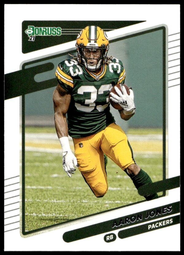 2021 Donruss Card: Aaron Jones, Green Bay Packers Running Back, in Action #157 Front