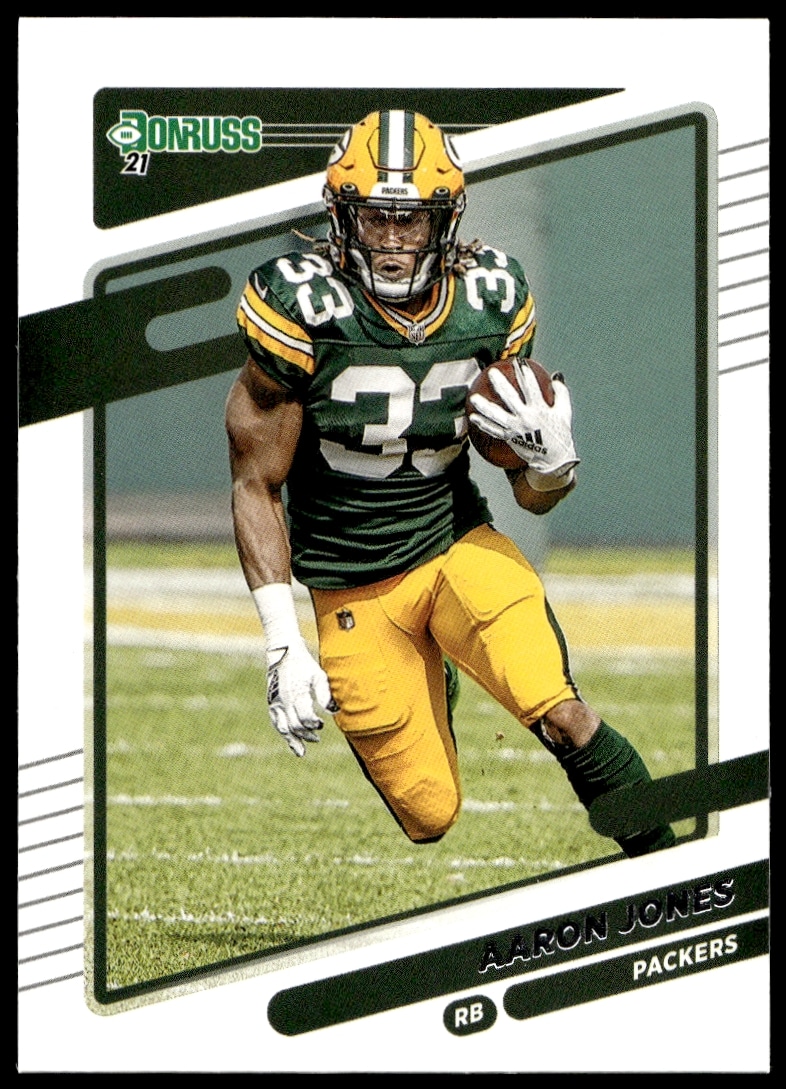 2021 Donruss Card: Aaron Jones, Green Bay Packers Running Back, in Action #157 Front
