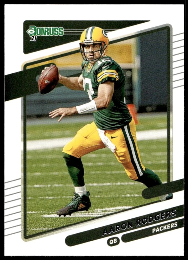 Aaron Rodgers 2021 Donruss Card #155, Green Bay Packers, poised quarterback ready to throw.
