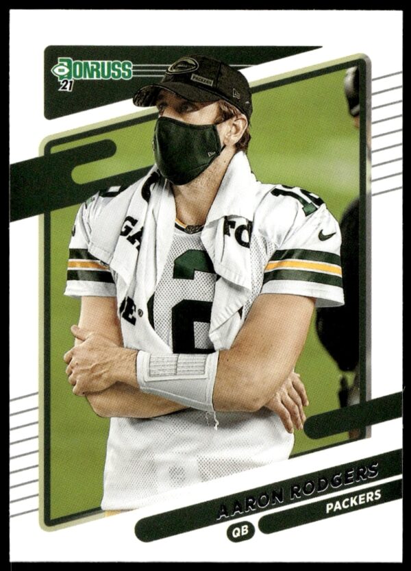 Aaron Rodgers 2021 Donruss football card, no helmet, Green Bay Packers, card #155.