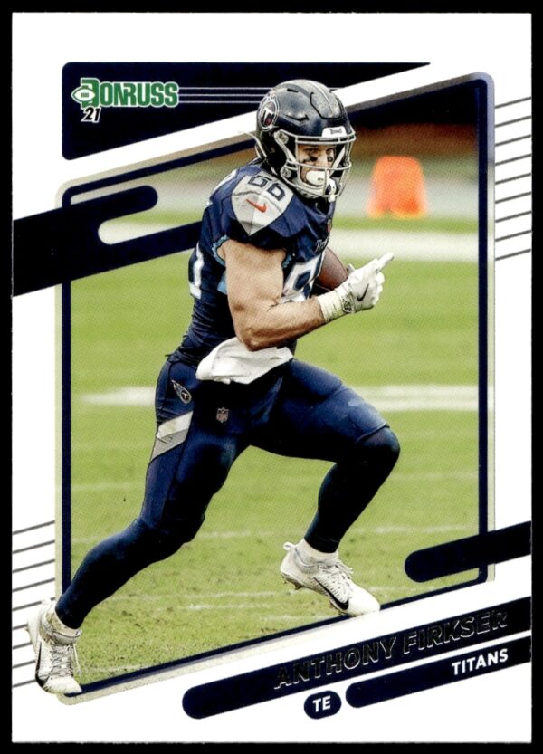 Anthony Firkser 2021 Donruss Card #15, Tennessee Titans, vibrant action shot, collectible.