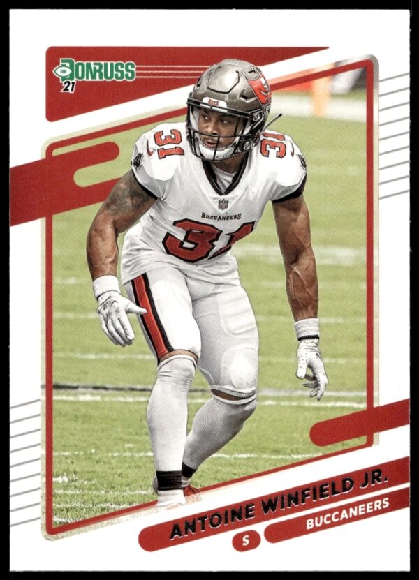 Antoine Winfield Jr. 2021 Donruss card, Tampa Bay Buccaneers action photo, trading card #106.
