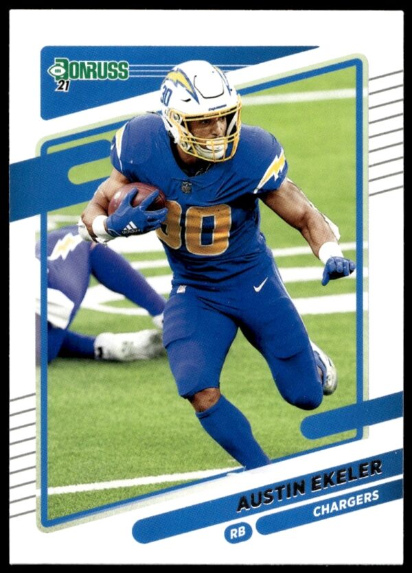 Austin Ekeler 2021 Donruss Card #72, Los Angeles Chargers, Action Pose, Front View.