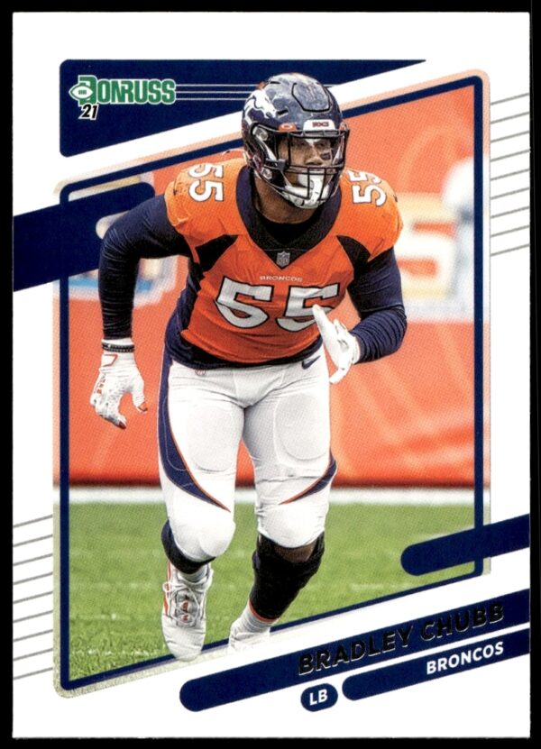 Bradley Chubb 2021 Donruss Football Card #182, showcasing action pose and Denver Broncos gear.