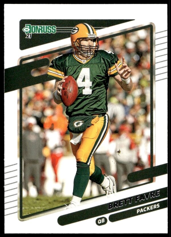 Brett Favre Donruss 2021 Card #156 featuring Green Bay Packers uniform and action pose.