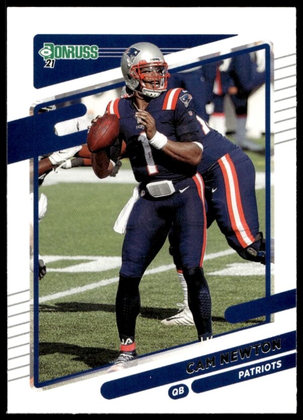 Cam Newton on 2021 Donruss Card, showcasing athleticism and dynamic gameplay.