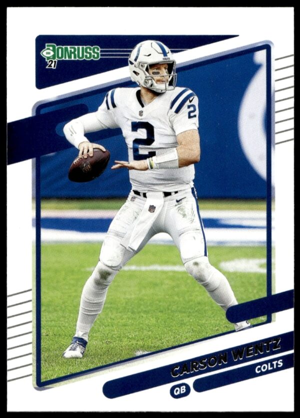 Carson Wentz 2021 Donruss Football Card #147, Indianapolis Colts, featuring poised gameplay.