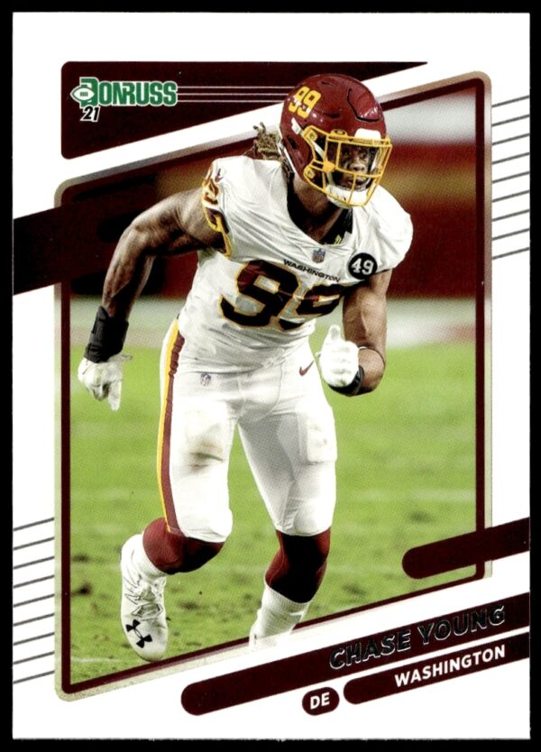 Chase Young 2021 Donruss Football Card #9 Front, featuring dynamic action shot and team colors.