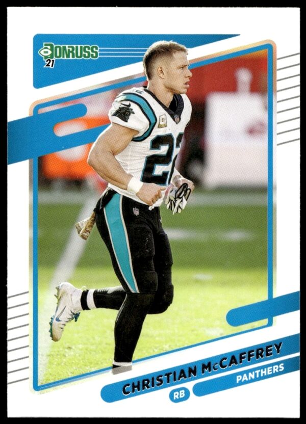 Christian McCaffrey 2021 Donruss Card #219, No Helmet, Football Player Focused.